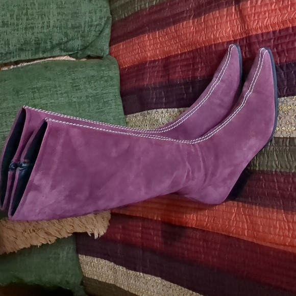 SILPA* vintage mauve suede leather tall side zip angled heel pointed toe boots - Picture 1 of 17